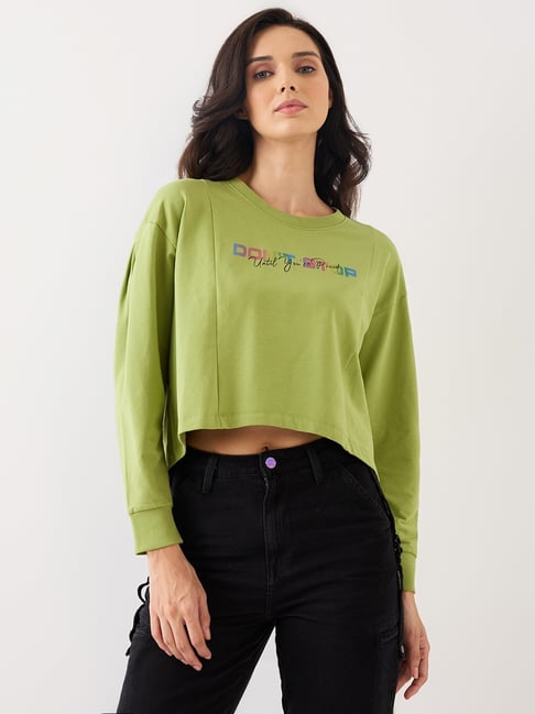 Spykar Green Relaxed Fit Cotton Crop Sweatshirt