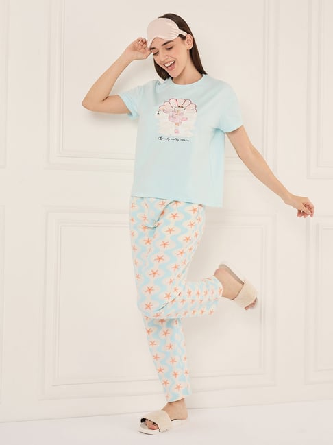 Sweet Dreams Crystal Blue Cotton Graphic Short Sleeves Pyjama Set-picture-44