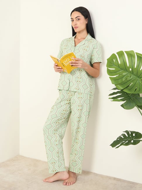 Sweet Dreams Stone Green Cotton Geometric Short Sleeves Pyjama Set-picture-33