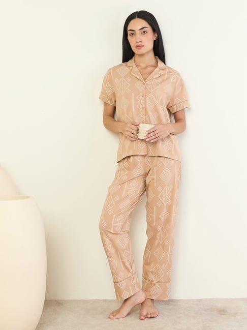 Sweet Dreams Warm Taupe Cotton Geometric Short Sleeves Pyjama Set-picture-15
