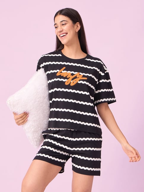 Sweet Dreams Black Cotton Striped Short Sleeves Shorts Set-picture-14