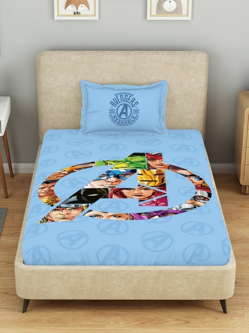 Spaces Marvel Avengers Light Blue Cotton 132 TC Kids Single Bedsheet with Pillow Cover