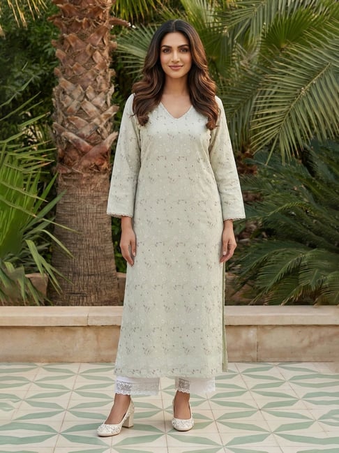 W Green Cotton Embroidered Three-Quarter Sleeves Kurta-picture-45
