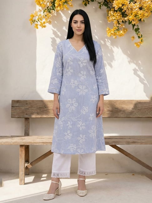 W Blue Cotton Striped Three-Quarter Sleeves Kurta-picture-24