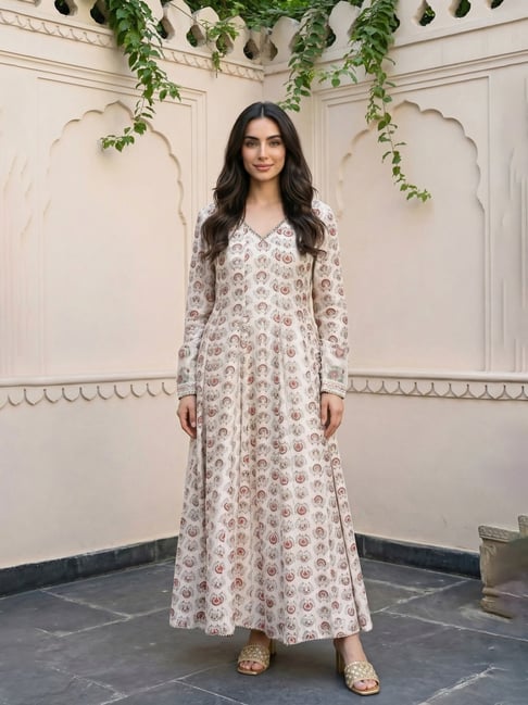 Folksong Cream Floral Long Sleeves Anarkali Kurta-picture-40