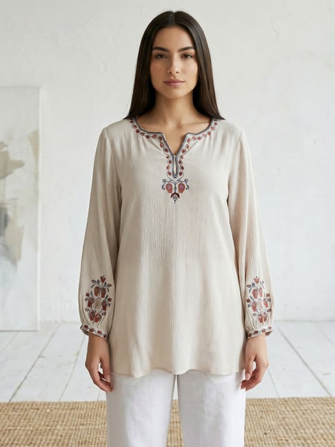 Folksong Off White Viscose Floral Long Sleeves Top-picture-43