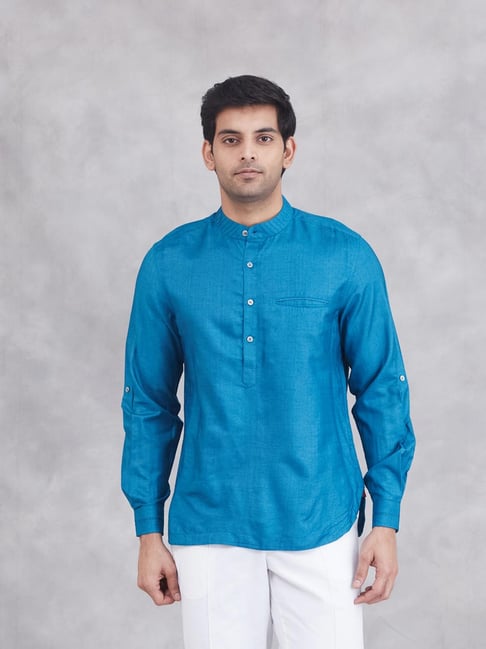 Fabindia Blue Silk Slim Fit Mid Placket Shirt-picture-29