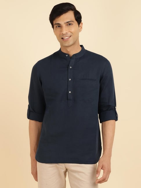 Fabindia Navy Linen Blend Slim Fit Mid Placket Shirt-picture-25