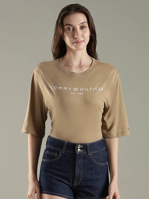 Tommy Hilfiger Brown Cotton Relaxed Fit Printed T-Shirt