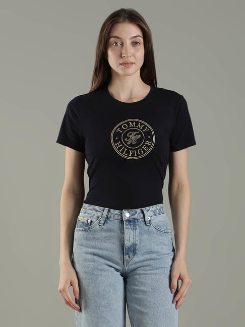 Tommy Hilfiger Navy Cotton Regular Fit Printed T-Shirt