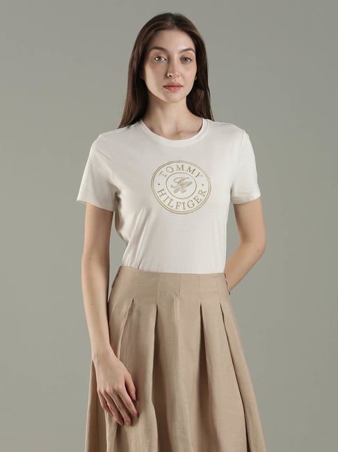 Tommy Hilfiger White Cotton Regular Fit Printed T-Shirt