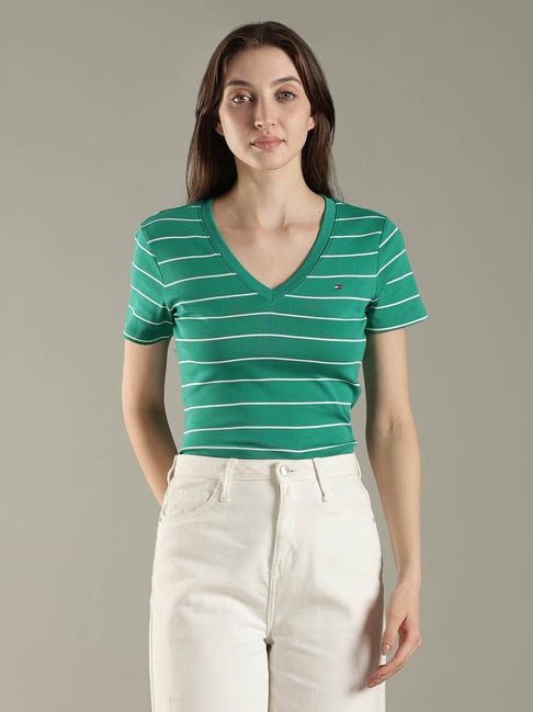 Tommy Hilfiger Green Cotton Slim Fit Striped T-Shirt
