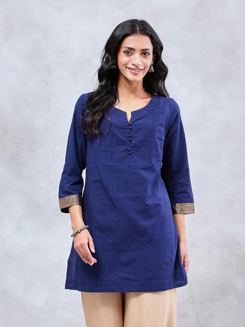 Fabindia Navy Cotton Hand Woven Slim Fit Short Kurta-picture-34