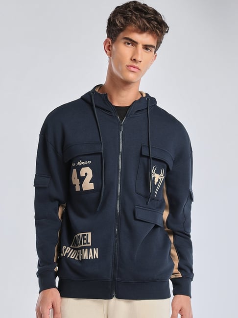 Bewakoof Marvel Navy Blue Spiderman Typography Oversized Zipper Hoodie