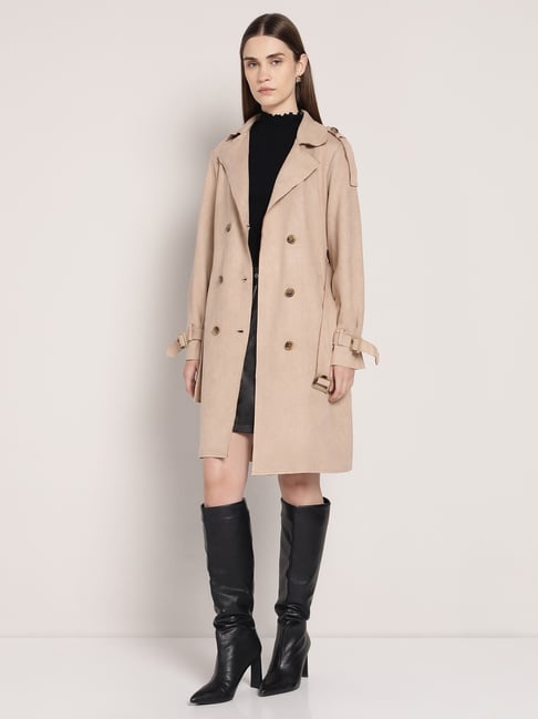 Cover Story Beige Polyester Coat With Belt-picture-36