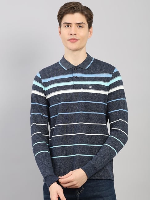 Monte Carlo Navy Blue Regular Fit Striped Polo T-Shirt