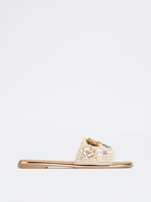 LUNA BLU by Westside Beige Floral Embellished Slides