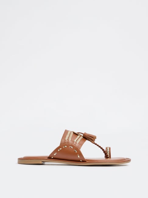 LUNA BLU by Westside Tan Tassel Detailed Kolhapuri Sandals