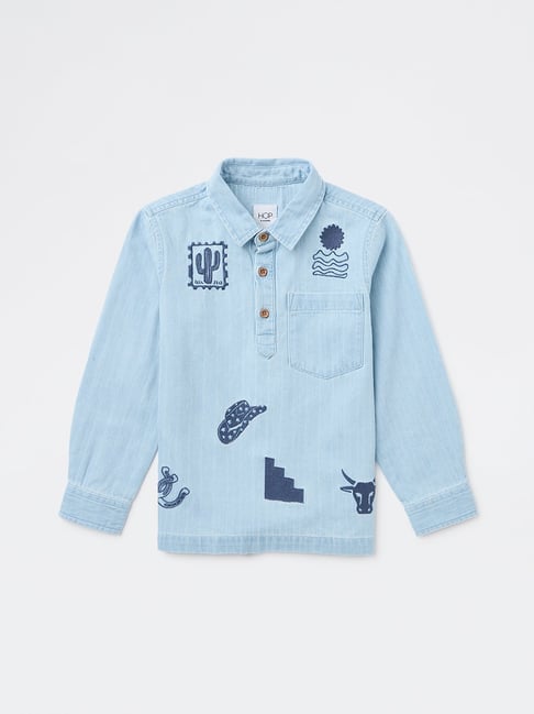 HOP Kids Boys by Westside Light Blue Embroidered Denim Shirt