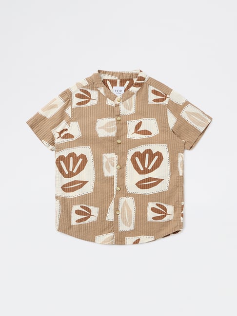 HOP Kids Boys by Westside Taupe Printed Cotton Shirt