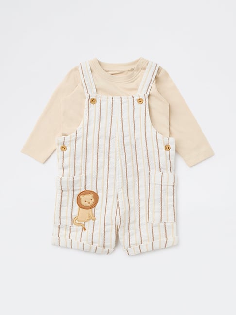 HOP Baby Boys by Westside Beige Striped Cotton T-Shirt and Dungaree Set