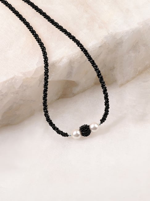 Ornate Jewels 925 Silver Black Spinel and White Shell Pearl Adjustable Necklace for Women