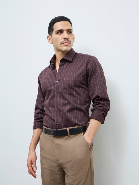 WES Formals by Westside Brown Pinstripe Slim-Fit Cotton Shirt