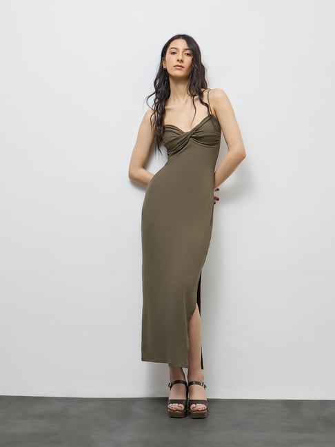 Nuon by Westside Olive Ribbed-Textured Straight Dress