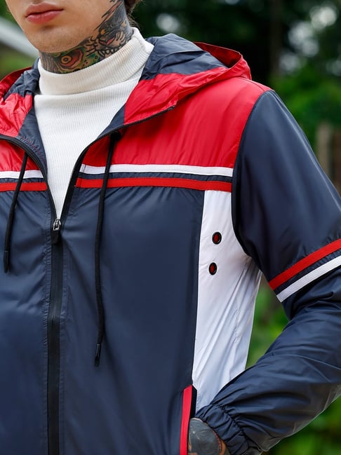 Campus Sutra Navy Blue & Scarlet Red Zip-Front Racer-Winder
