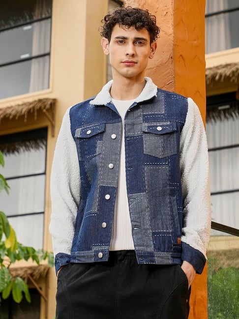 Campus Sutra Navy Blue Pattern-Jacquard Sherpa-Lined Denim Jacket