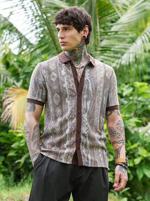 cahoot Campus Sutra Chocolate Brown Folk Jacquard-Knit Polo Shirt-picture-37