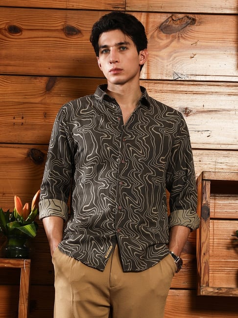 cahoot Campus Sutra Midnight Black & Khaki Beige Constract-Fluid Jacquard Shirt-picture-35