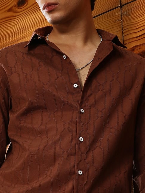 Campus Sutra Chocolate Brown Indie-Geometric Jacquard Shirt