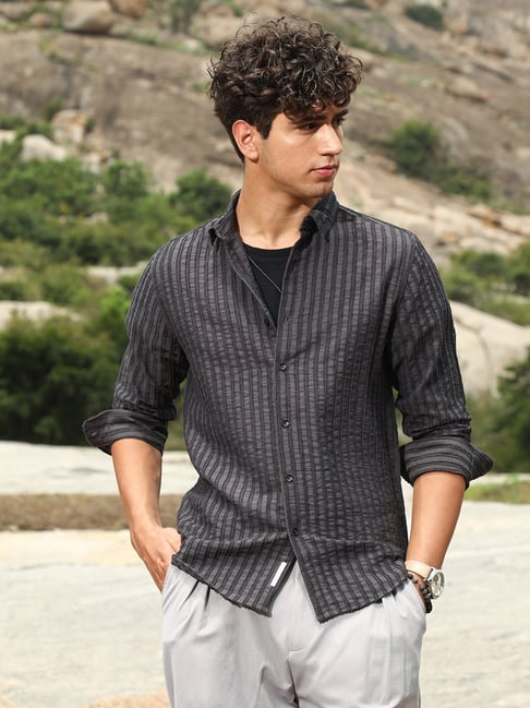 cahoot Campus Sutra Charcoal Grey Edgy-Stripe Jacquard Shirt-picture-26