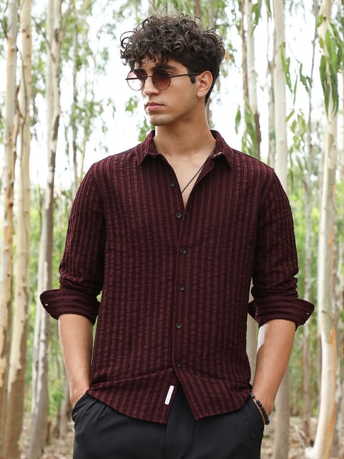 cahoot Campus Sutra Wine Red Edgy-Stripe Jacquard Shirt-picture-47