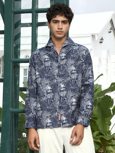 cahoot Campus Sutra Navy Blue Botanical-Foliage Jacquard Shirt-picture-30