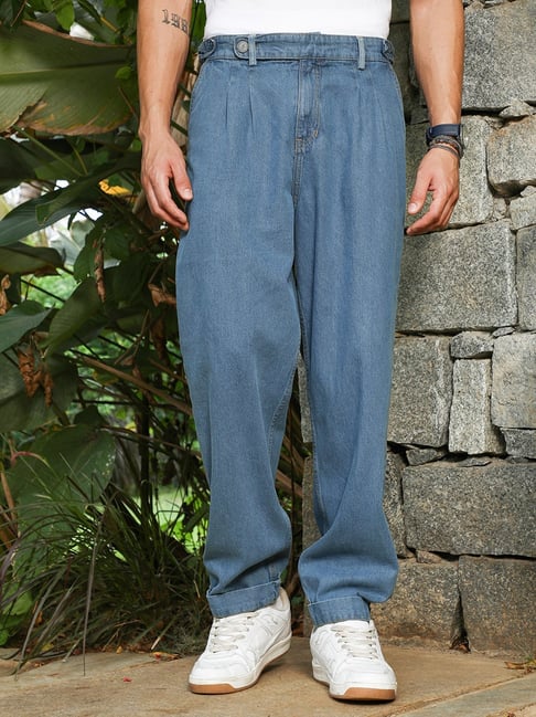 Campus Sutra Indigo Blue Mid-Wash Pleated Denim Jeans