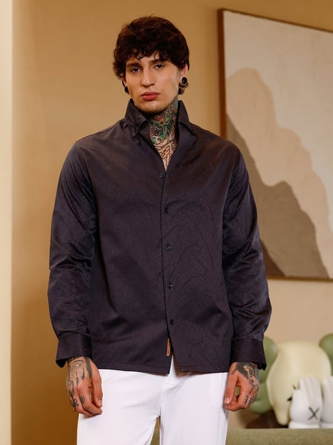 Campus Sutra Onyx Black Reptilia Jacquard Shirt