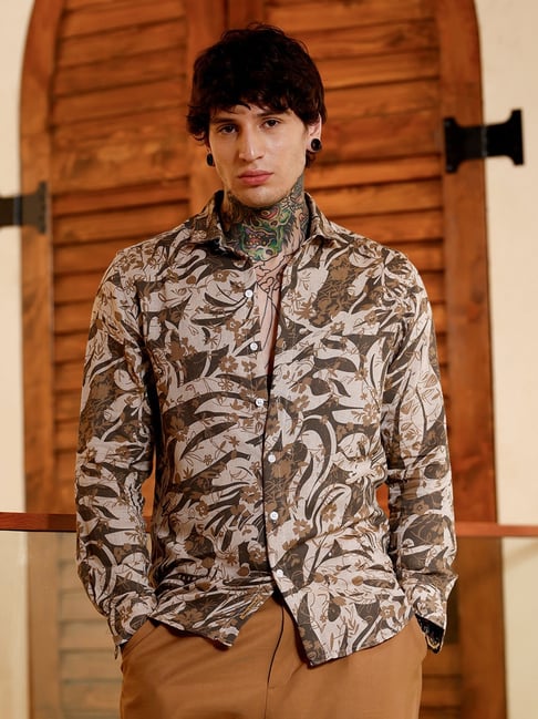 campus sutra chocolate brown floral-block imprint shirt