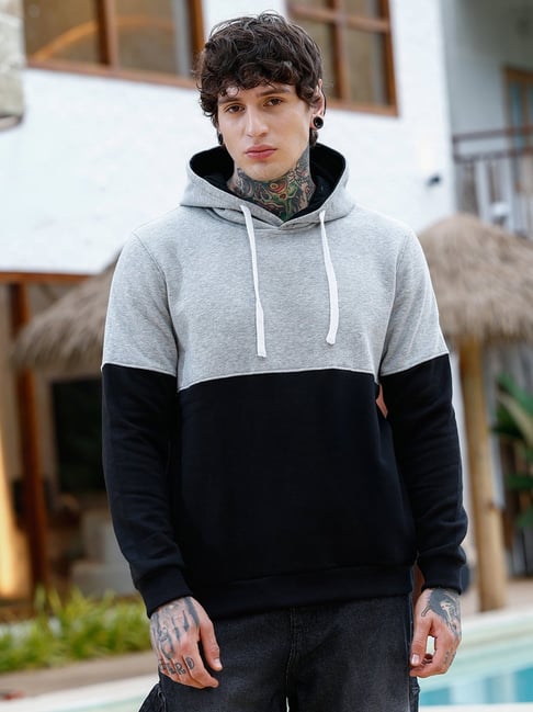 Campus Sutra Coin Grey & Onyx Black Block Pullover Hoodie