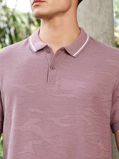 Campus Sutra Mauve Purple Abstract-Tactile Knit Polo T-Shirt