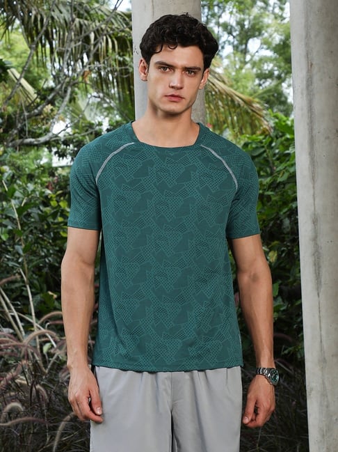 Campus Sutra Emerald Green Abstract-Imprint Activewear T-Shirt
