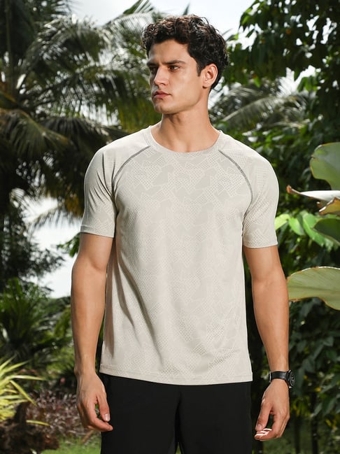 Campus Sutra Saltbox Beige Abstract-Imprint Activewear T-Shirt
