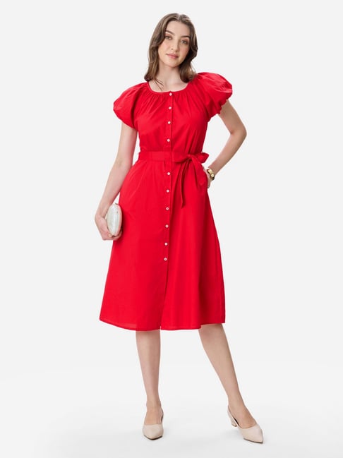 VIRGIO Red Cotton Solid Fit and Flare Dress