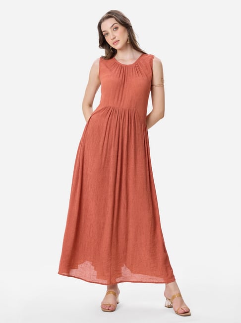 VIRGIO Rust Viscose Solid A-Line Dress-picture-14