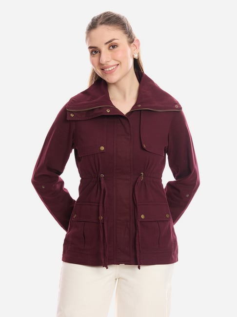 VIRGIO Maroon Cotton Solid Jacket-picture-36