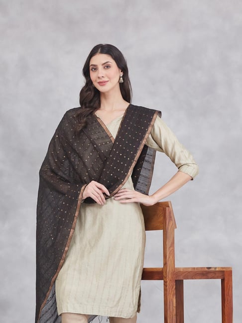 Fabindia Black Cotton Silk Blend Woven Design Dupatta-picture-24