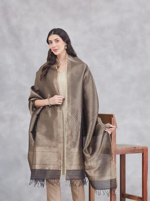 Fabindia Black Cotton Silk Blend Woven Design Dupatta-picture-25