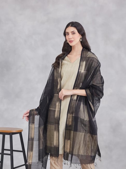 Fabindia Black Cotton Silk Blend Woven Design Dupatta-picture-27