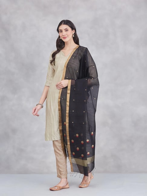 Fabindia Black Cotton Silk Blend Woven Design Dupatta-picture-29